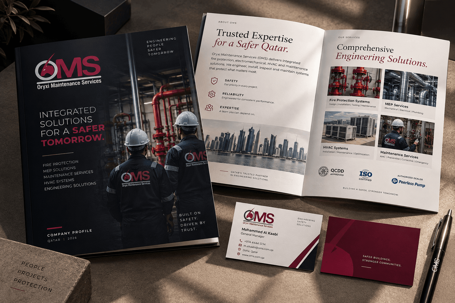 OMS company profile, brochure and business cards brand collateral